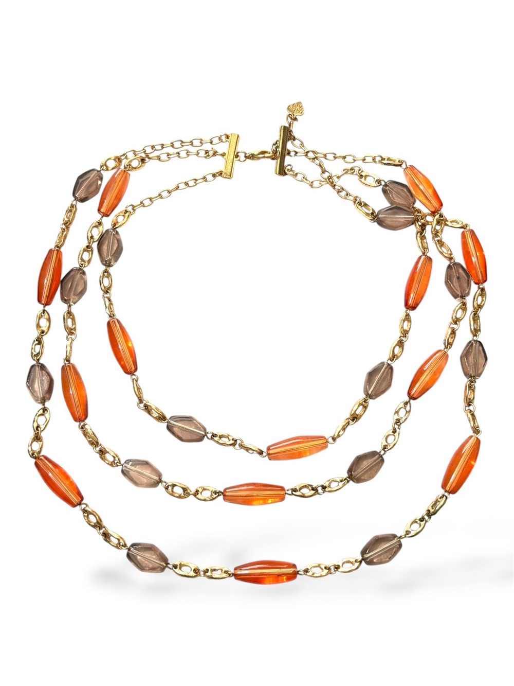 Dolce Vita Vintage 1990s Triple Strand Glass Bead Necklace Orange Brown Gold